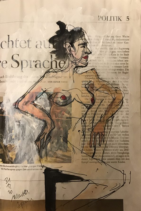 Weiblicher Akt, sitzend, Tusche und Aquarell auf Zeitung, 20 x 28 cm