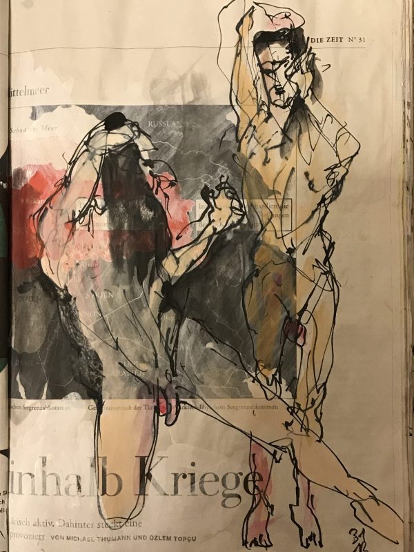 Männlicher Akt, zwei Posen, Tusche und Aquarell auf Zeitung, 20 x 28 cm