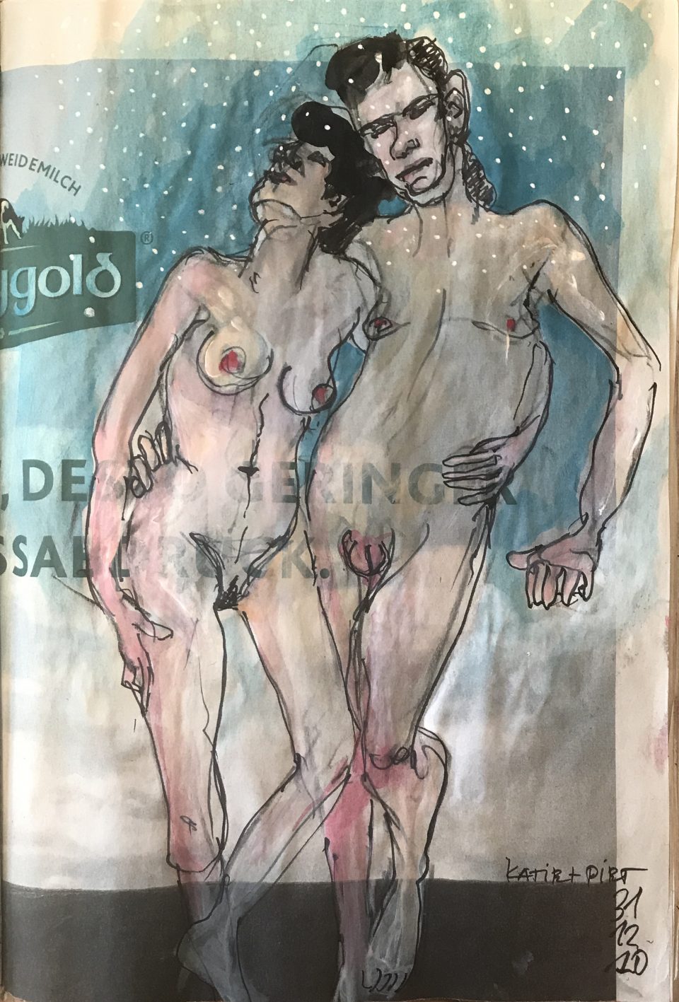 Doppelakt, stehend, Tusche und Aquarell auf Zeitung, 20 x 28 cm