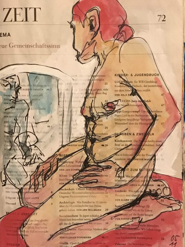 Piet – Figürlicher Akt auf Zeitung, 20 x 28 cm.