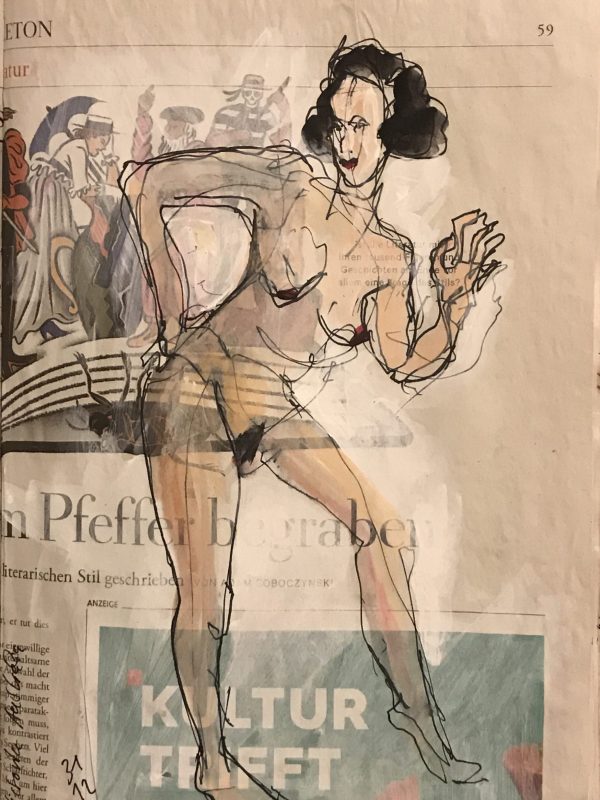 Victoria – Figürlicher Akt auf Zeitung, 20 x 28 cm.