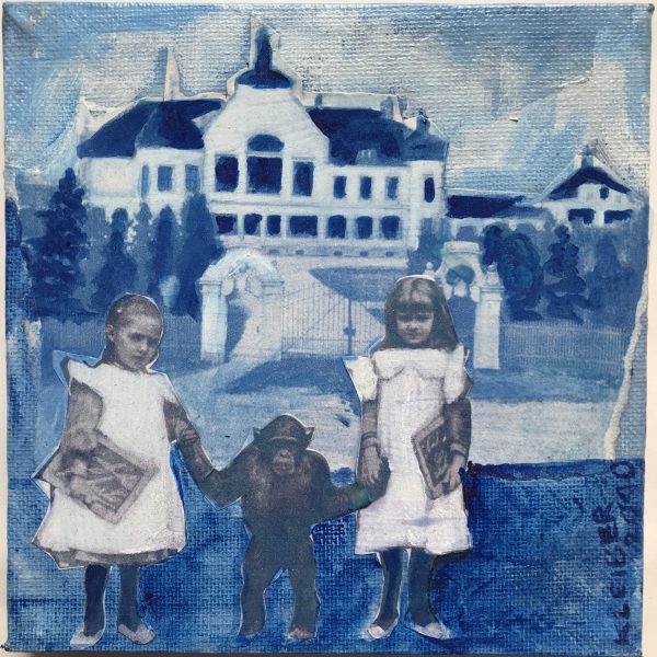 Oldie Schimpanse, blau, Collage, Acryl auf Leinwand 15 x 15 cm, 45