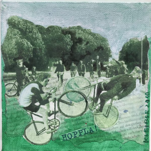 Oldie Fahrrad Hoppla, grün, Collage, Acryl auf Leinwand 15 x 15 cm, 45 €