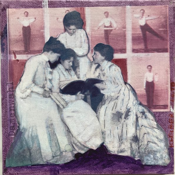 Oldie Damenwahl, violett, Collage, Acryl auf Leinwand 15 x 15 cm, 45 €