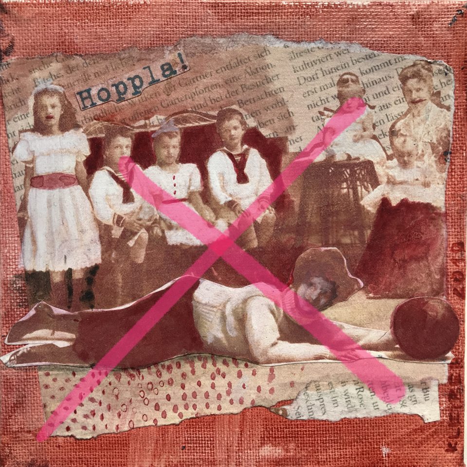 Oldie Hoppla mit Ball, rot, Collage, Acryl auf Leinwand 15 x 15 cm,