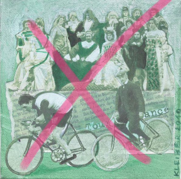 Oldie Fahrrad Tour de France, grün, Collage, Acryl auf Leinwand 15 x 15 cm