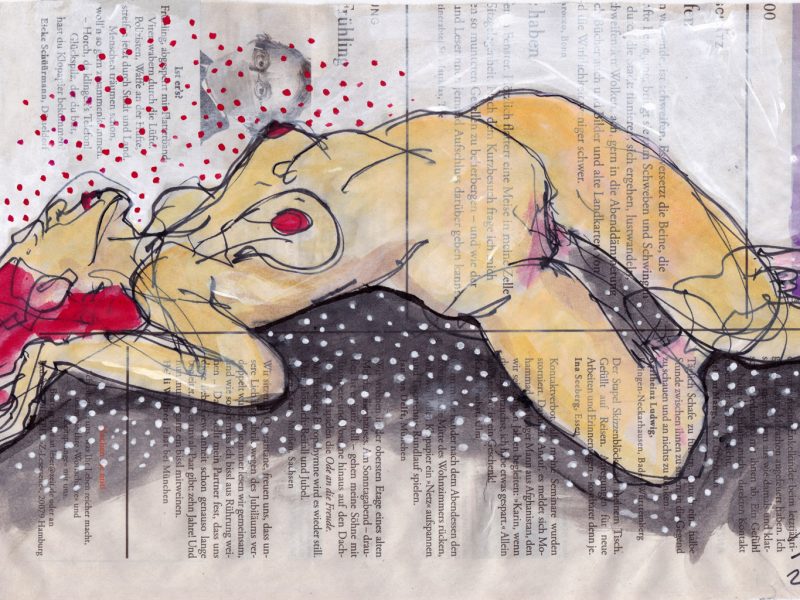 Dinos – Weiblicher Akt auf Zeitung, 28 x 20 cm