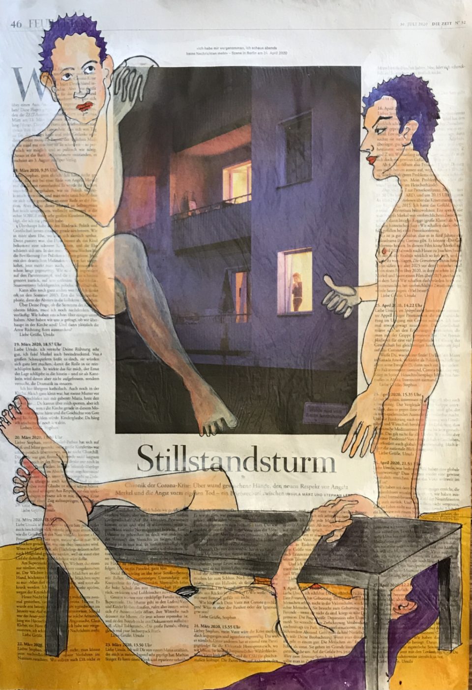 Stillstandsturm – Figürliche Illustration zum Thema Corona auf ganzer Zeitungsseite