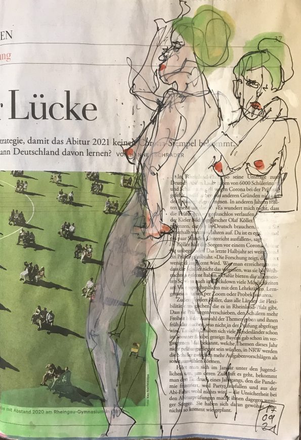 Lücke – (September) zweimal weiblicher Akt auf Zeitung, 28 x 20 cm
