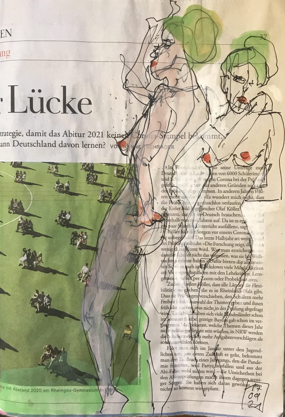 Lücke – (September) zweimal weiblicher Akt auf Zeitung, 28 x 20 cm