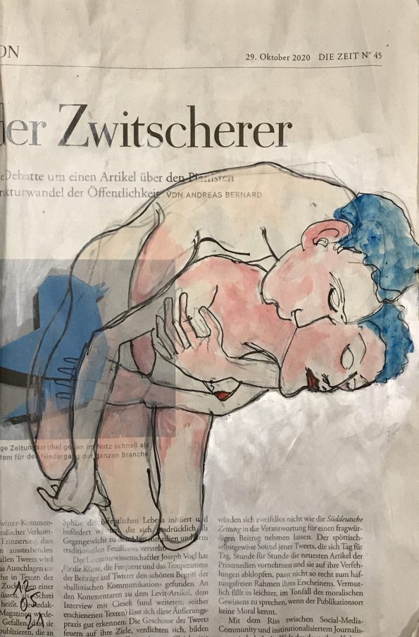 Zwitscherer – (Mai) Doppelakt auf Zeitung, 28 x 20 cm