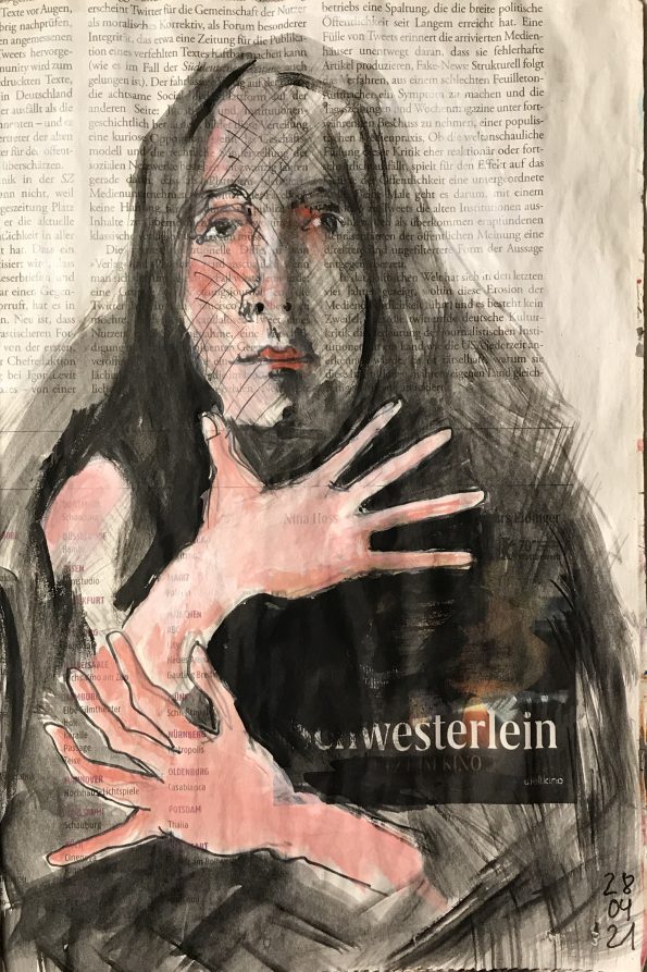 Schwesterlein – (April) Weiblicher Akt verschleiert auf Zeitung, 28 x 20 cm