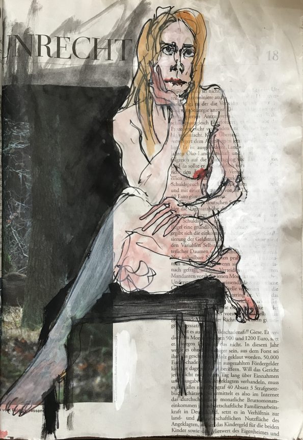 Unrecht – (Januar) Weiblicher Akt auf Zeitung, 28 x 20 cm.