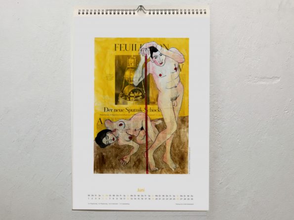 Kalenderblatt Juni von meinem Coronik-äWandkalender, Format A3, mit Illustrationen auf Zeitungsartikeln zu Coronathemen. Das Bild zeigt liegender weibliche und männlichen stehenden Akt.