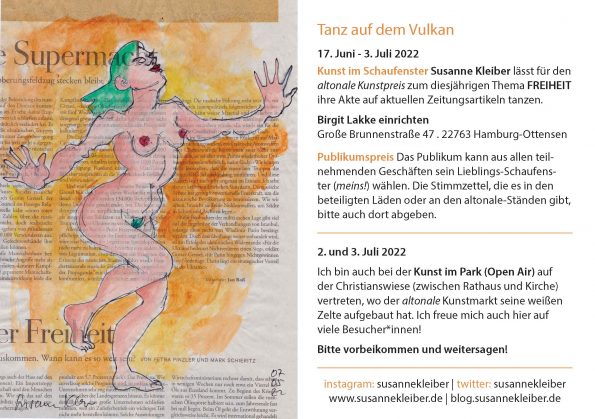 Altonale 2022 und Kunstmarkt. Einladungskarte mit einzelnem Bild der Ausstellung im Schaufenster, tanzende Frau auf Zeitung mit Text "Freiheit".