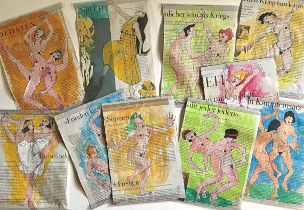 Tanz auf dem Vulkan – zahn figürliche Illustrationen auf Zeitung zum Thema Freiheit zur Kunst im Schaufenster der altonale.