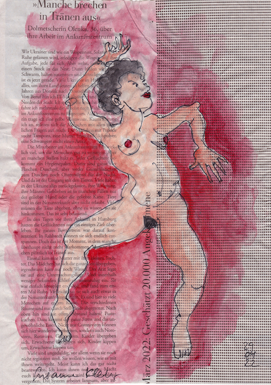 Brechen in Tränen aus – figürliche Illustration auf Zeitung zum Thema "Tanz auf dem Vulkan"