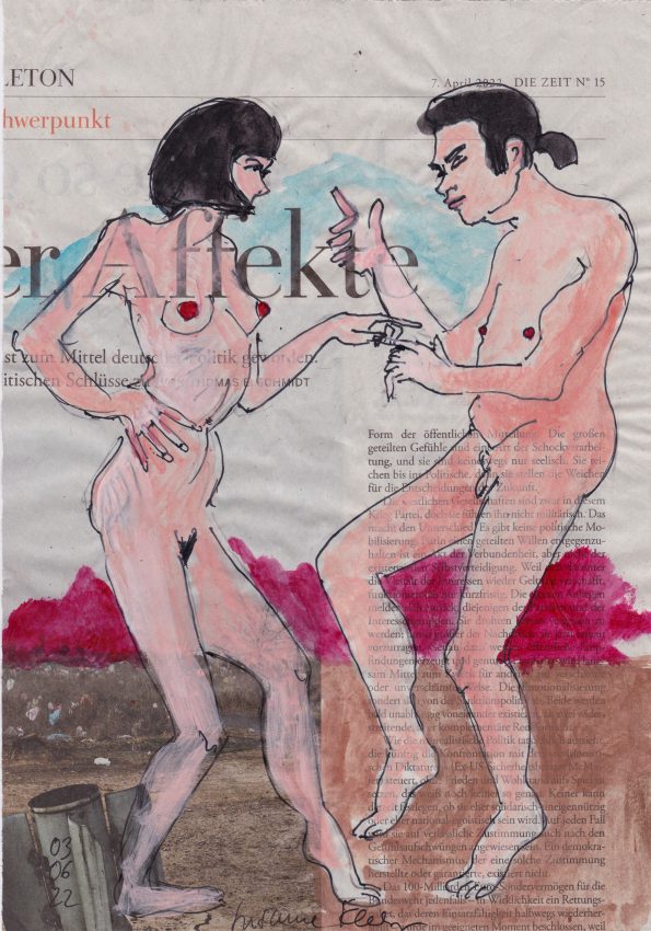 Affekte – figürliche Illustration auf Zeitung zum Thema "Tanz auf dem Vulkan"