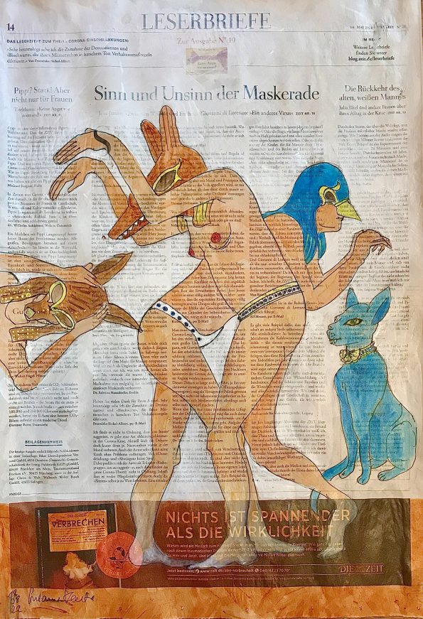 Sinn und Unsinn der Maskerade – figürliche illustration auf ganzer zeitungsseite, 56 x 40 cm
