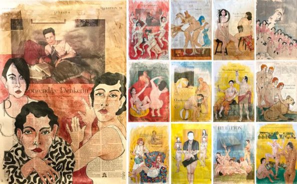 Die 13 Motive des Coroni-Kalenders 2023, figürliche Illustrationen auf ganzer Zeitungsseite.