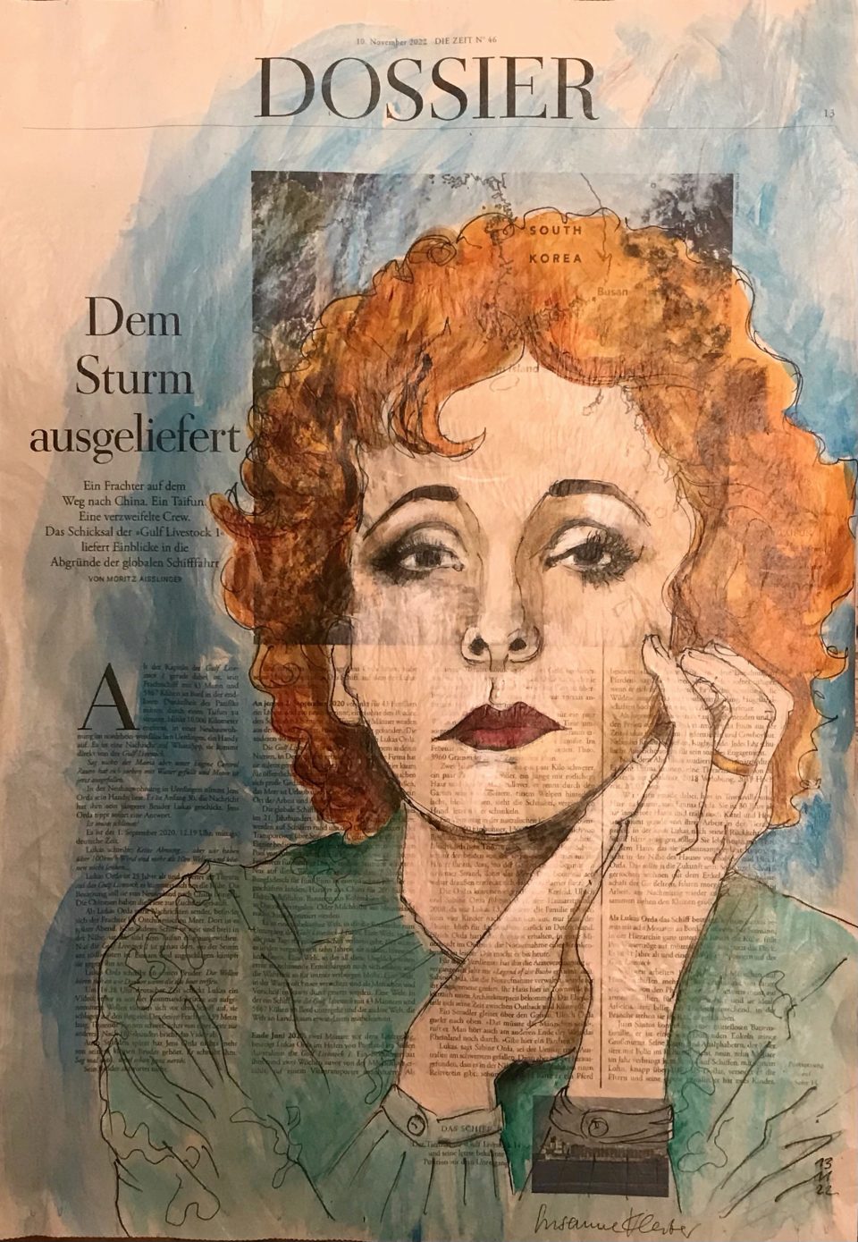 Dem Sturm ausgeliefert (Zarah L.), Porträt von Zarah Leander auf ganzer Zeitungsseite, 56 x 40 cm