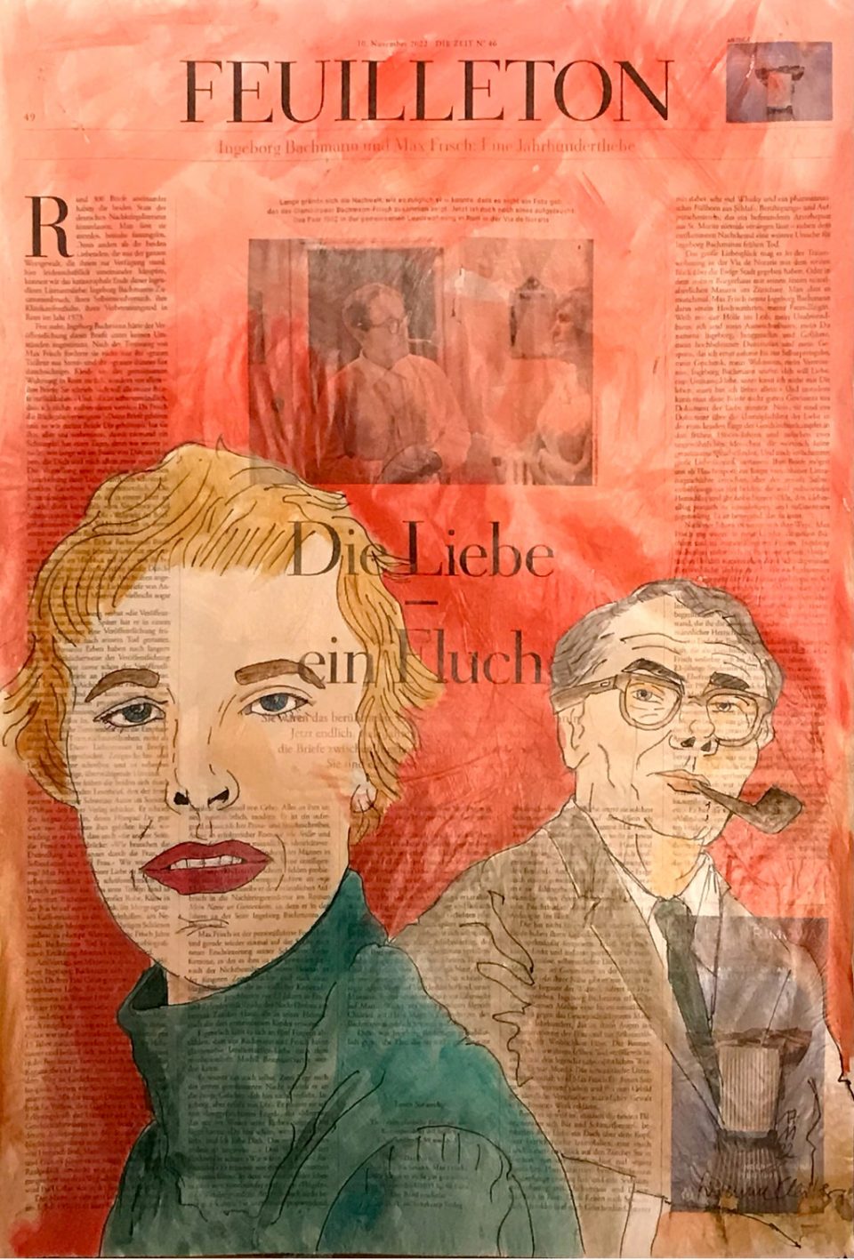 Porträt von Ingeborg Bachmann, vorne, und Max Frisch im Hintergrund auf ganzer Zeitungsseite 56 x 40 cm