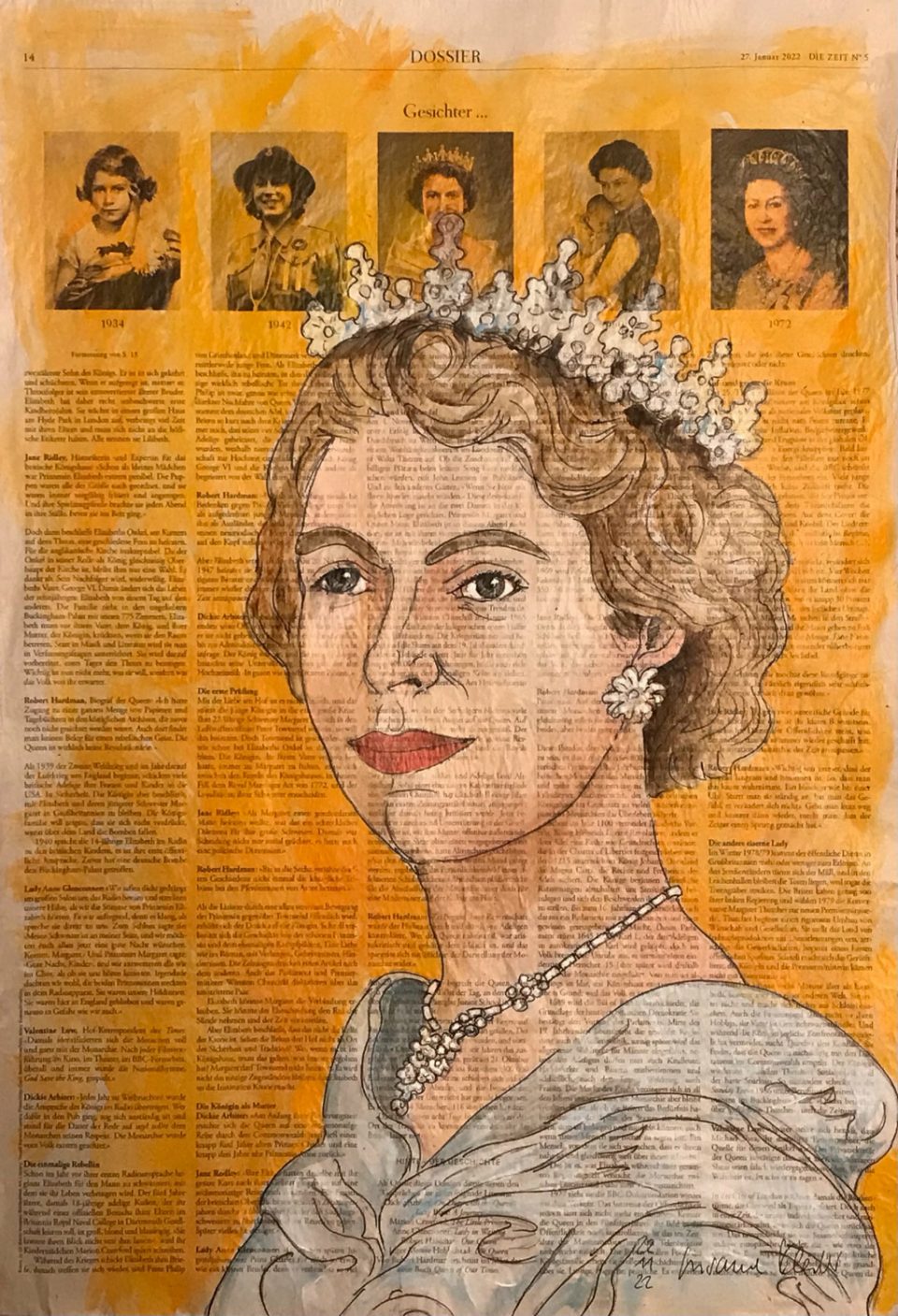 Porträt von Queen Elizabeth auf ganzer Zeitungsseite 56 x 40 cm