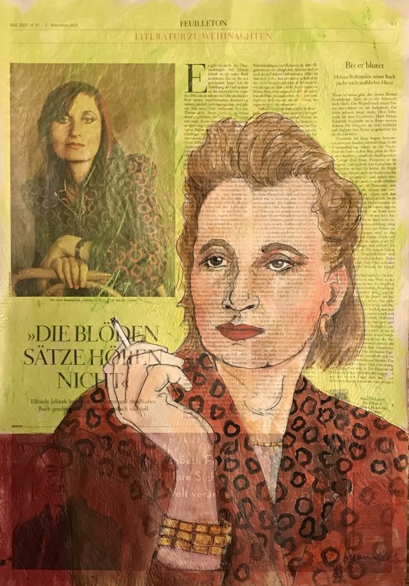 Porträt von Elfriede Jelinek auf ganzer Zeitungsseite 56 x 40 cm