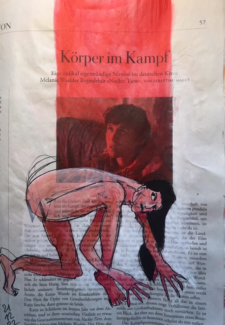 Körper im Kampf – Akt auf Zeitung, 28 x 20 cm