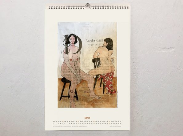 März-Kalenderblatt vom Coronik-Kalender 2023 mit einer figürlichechen Illustration auf ganzer Zeitungsseite, zwei weibliche Akte auf Stühlen,