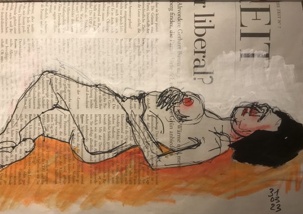 Weiblicher Akt auf Zeitung, 20 x 28 cm