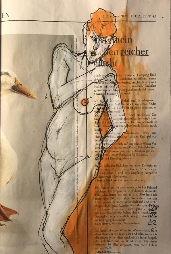 weiblicher Akt auf Zeitung, 28 x 20 cm