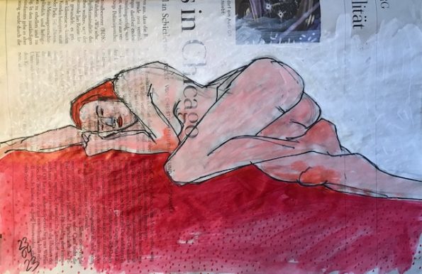 Liegender weiblicher Akt auf Zeitung, 20 x 28 cm