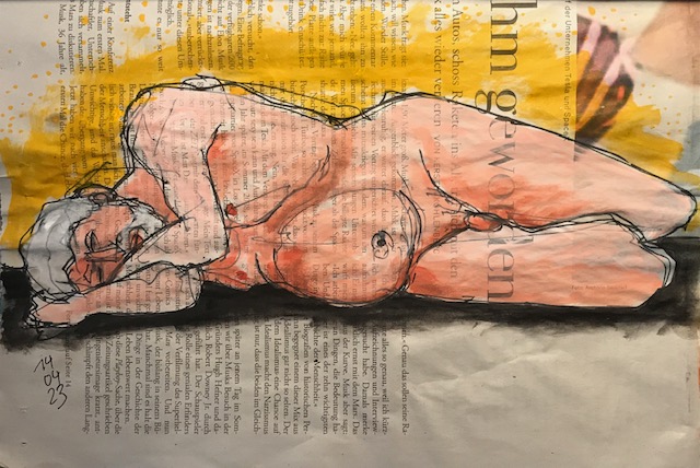 Liegender männlicher Akt auf Zeitung, 20 x 28 cm
