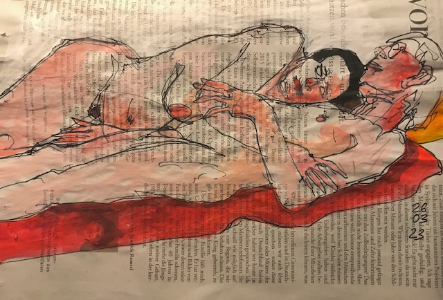 Ligendes Aktpaar, männlich und weiblich, auf Zeitung, 20 x 28 cm