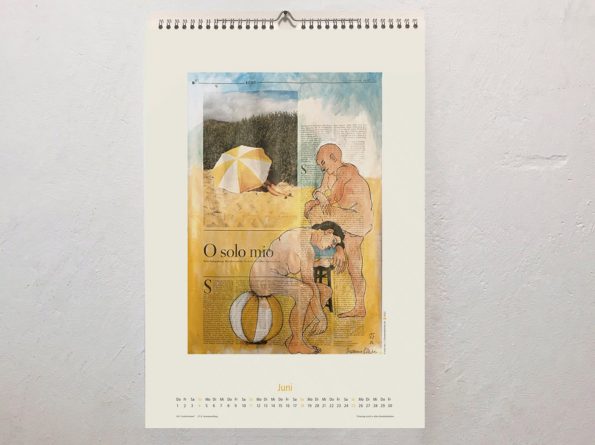 Juni-Kalenderblatt A3 mit figürlicher Illustration auf Zeitung, stehender männlicher und auf Strandball sitzender weiblicher Akt auf Zeitung mit Überschrift "O solo mio"