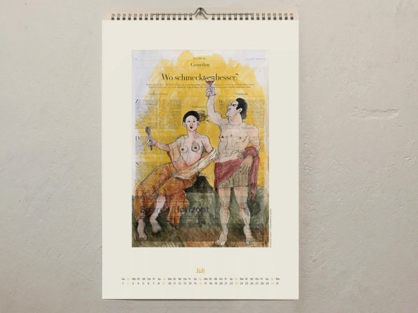 Juli-Kalenderblatt vom Coronik-Kalender 2023 mit römischem Aktpaar, Wein und Löffel hochhaltend.