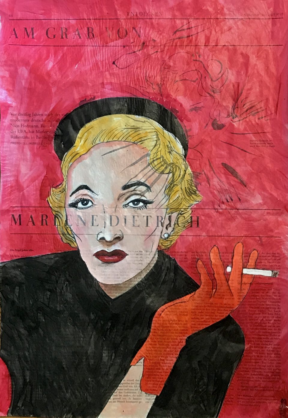 Marlene Dietrich – Porträt von rauchender Marlene auf ganzer Zeitungsseite 56 x 40 cm mit Überschrift "Die reine Leere"