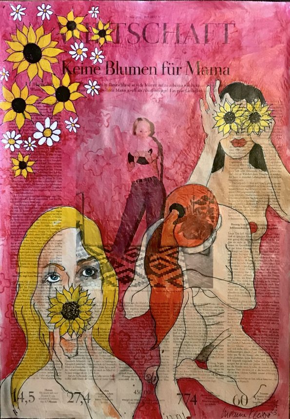Keine Blumen für Mama – dreimal weiblicher Akt, geschmückt mit Blumen, auf ganzer Zeitungsseite 56 x 40 cm mit Überschrift "Keine Blumen für Mama"