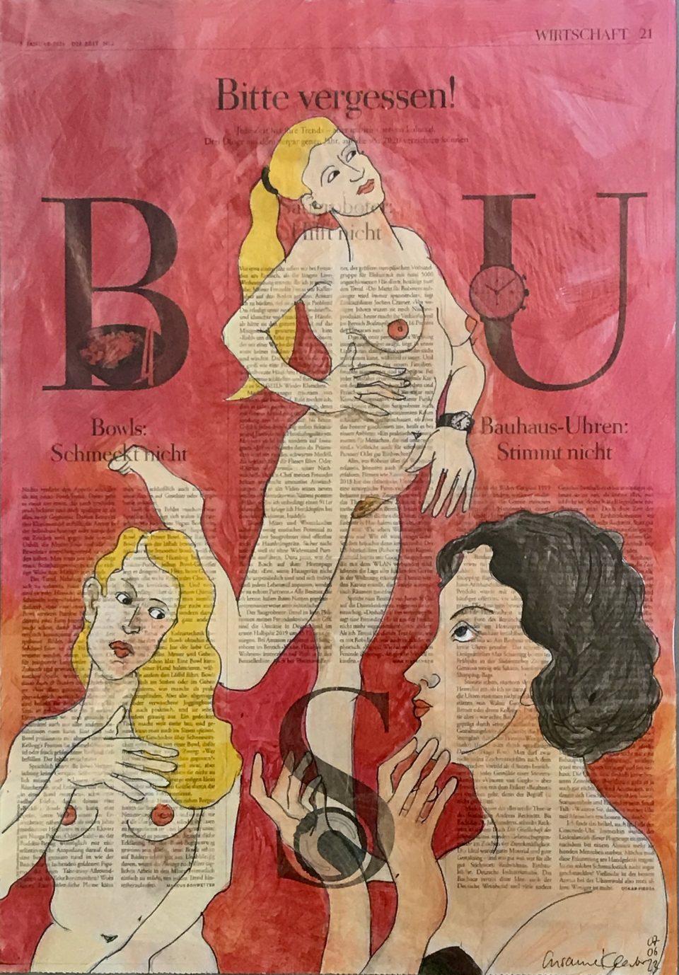 Bitte Vergessen – drei weibliche Akte auf ganzer Zeitungsseite 56 x 40 cm