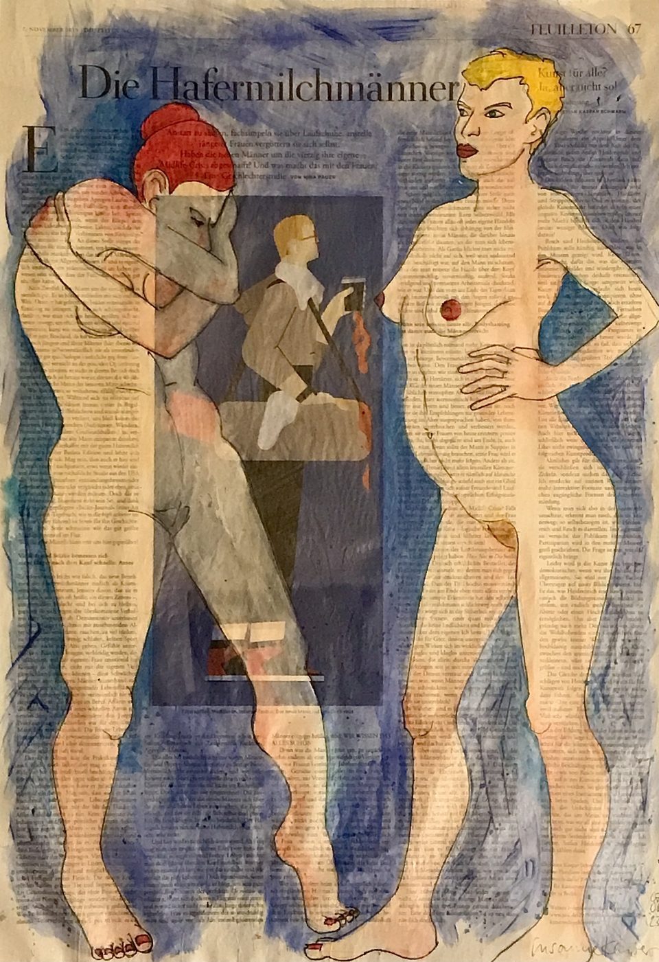 Die Hafermilchmänner – zweimal weiblicher Akt, auf ganzer Zeitungsseite 56 x 40 cm mit Überschrift "Die Hafermilchmänner"
