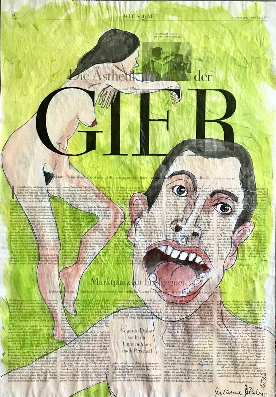 Gier – zwei Akte, vorne groß männlich mit aufgerissenem Mund, hinten weiblich im Profil, stehen, auf ganzer Zeitungsseite 56 x 40 cm mit Überschrift Gier