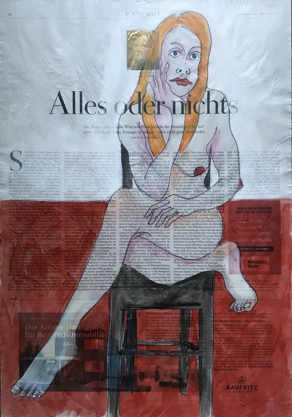 Alles oder nichts – auf Stuhl sitzender weiblicher Akt, rechte Hand stützt Kopf mit leerem Blick, auf ganzer Zeitungsseite 56 x 40 cm mit Überschrift "Alles oder nichts"