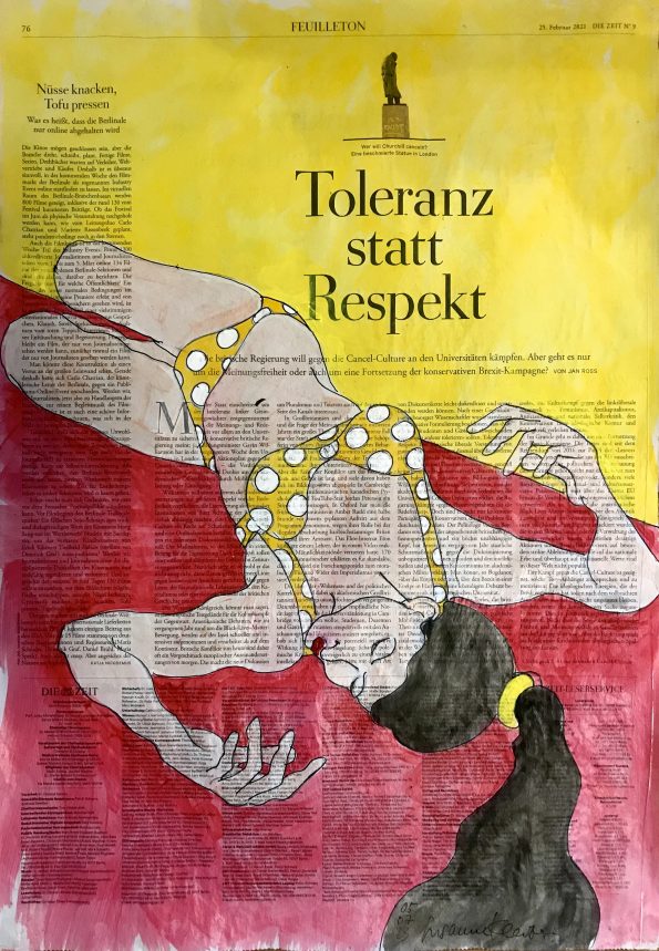Toleranz statt Respekt – liegender weiblicher Akt im gelben Bikini, auf ganzer Zeitungsseite 56 x 40 cm mit Überschrift "Toleranz statt Respekt"