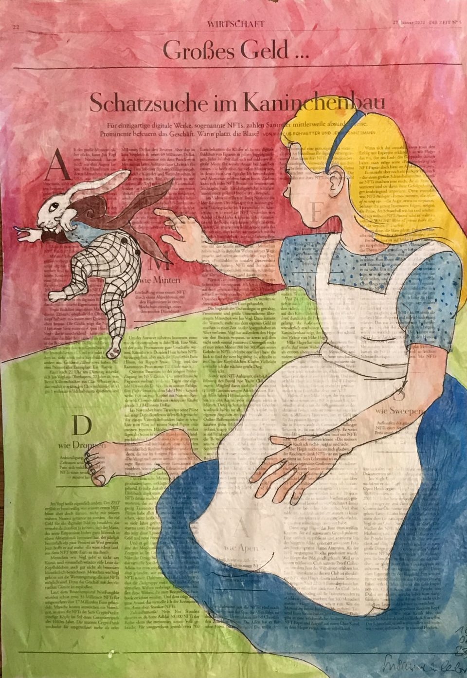 Schatzsuche im Kaninchenbau – Alice vorne groß mit blauer Bekleidung und Schürze, hinten fliehender Hase, auf ganzer Zeitungsseite 56 x 40 cm mit Überschrift "Schautzsuche im Kaninchenbau"