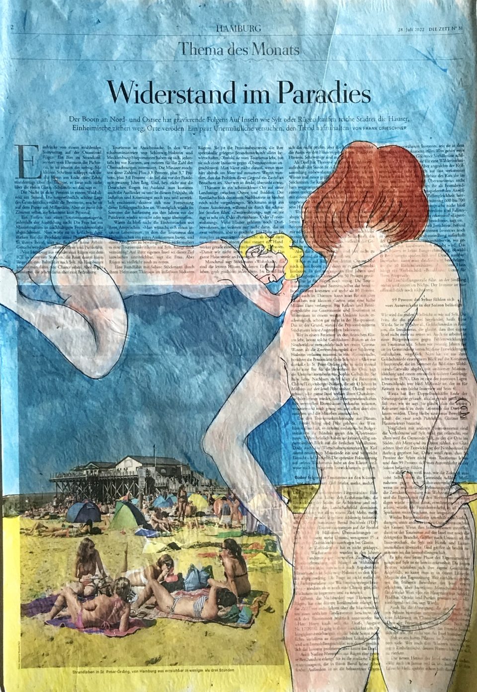 Widerstand im Paradies – zweimal weiblicher Akt, auf ganzer Zeitungsseite 56 x 40 cm mit Überschrift "Widerstand im Paradies"