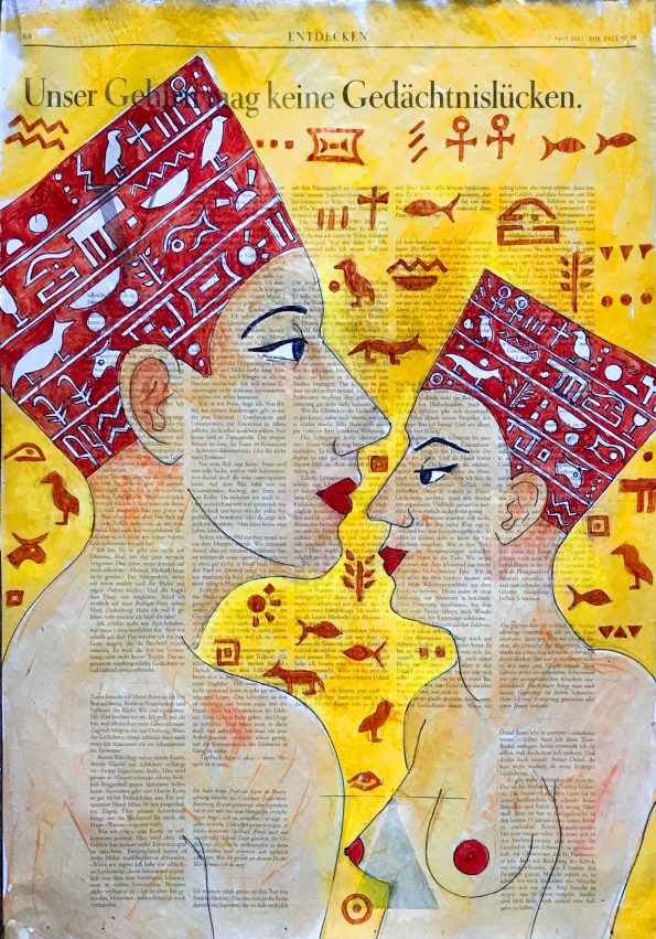 Gedächtnislücken – zwei sich gegenüberstehend weibliche Portäts im Profil mit ägyptisch wirkenden Kopfbedeckungen mit Hieroglyphen, auf ganzer Zeitungsseite 56 x 40 cm mit Überschrift "Unser Gehirn mag keine Gedächtnislücken"