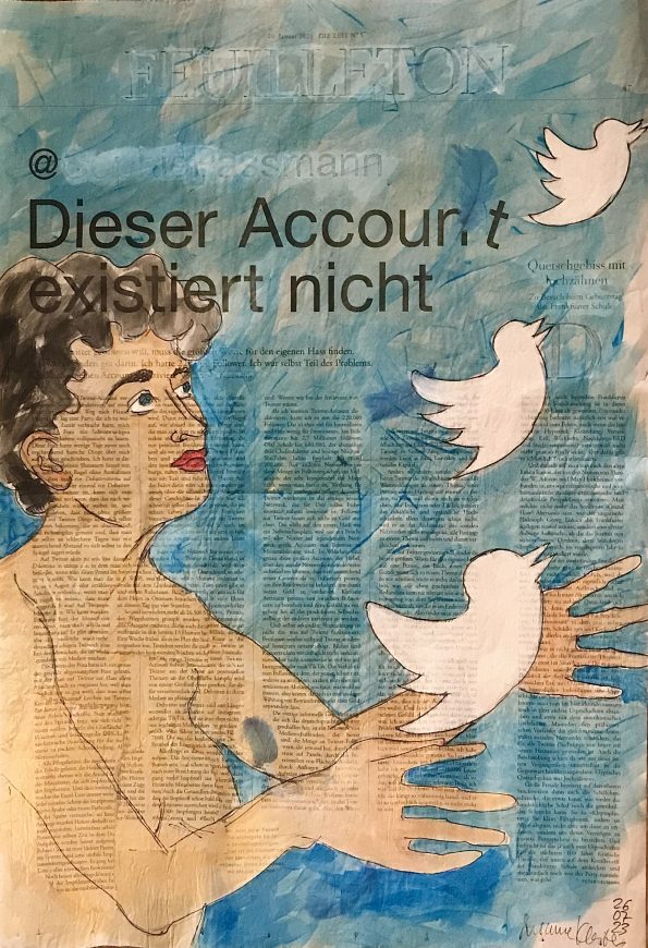 Dieser Account existiert nicht – weiblicher Akt, drei Twittervögel freilassend, auf ganzer Zeitungsseite 56 x 40 cm mit Überschrift "Dieser Account existiert nicht".