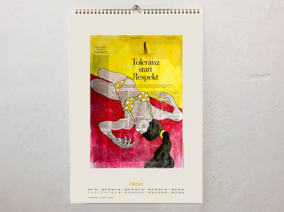 Februar-Kalenderblatt 2024 mit figürlicher Illustration auf ganzer Zeitungsseite. Liebende Frau im Bikini, Überschrift "Toleranz statt Respekt"