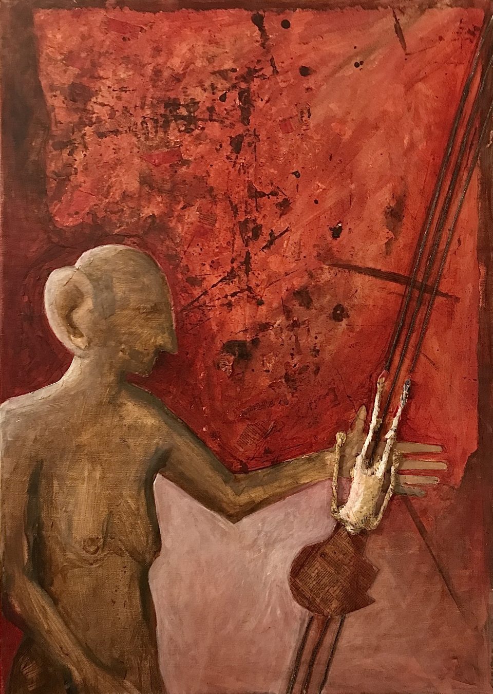 Abstrakte weibliche Figur streckt den Arm aus nach einer fallenden kleinen Figur, deren Körper aus Zeitungspapier assembliert und deren Kopf collagiert ist, auf Rotem Hintergrund auf Leinwand, 70 x 50 cm